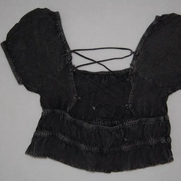 Rebellion Again, Size M, Rayon Crop Top, Strappy Back Off Shoulder, Gray - Picture 8 of 15